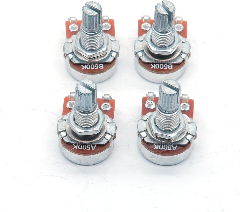 harpfeas 4PCS Mini Guitar Potentiometer Audio Volume Taper Pots for Fender Stratocaster Telecaster Guitar Bass Replacement (Long 18mm, A500K B500K) - Image 1